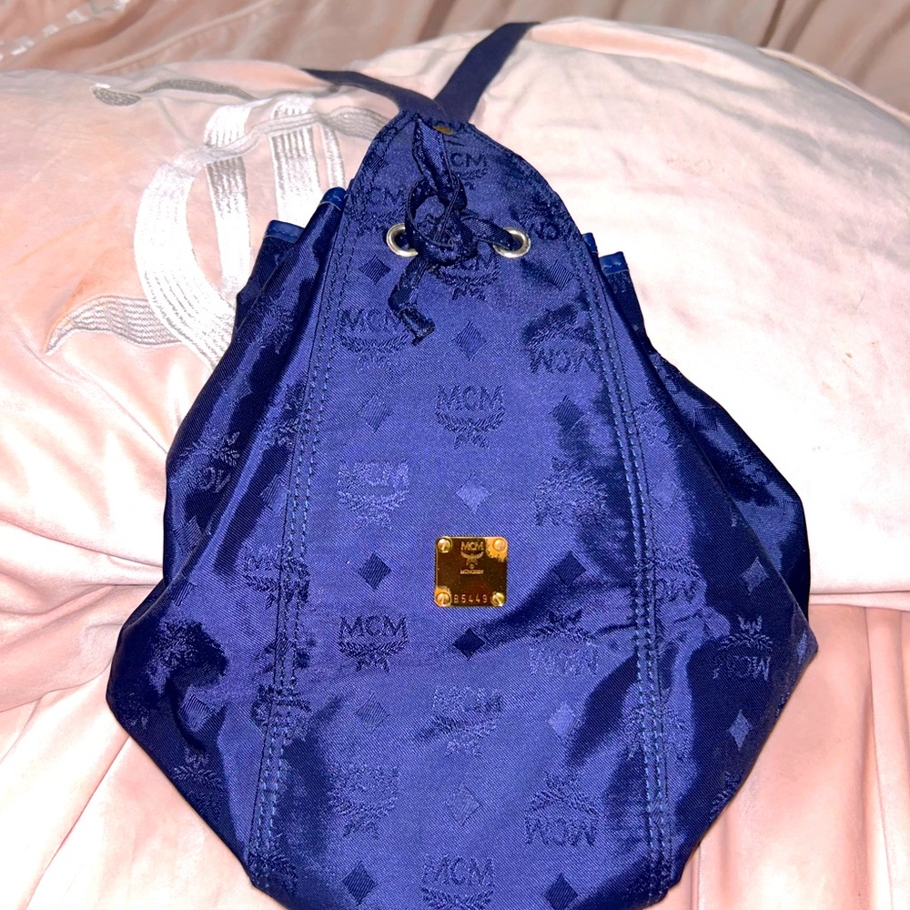 Vintage MCM Navy Blue Nylon Monogram Bucket Bag